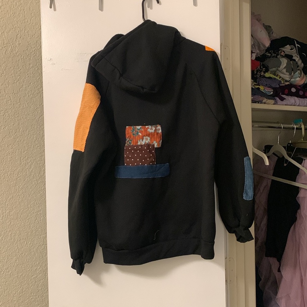 hand sewn patchwork fall black fleece hoodie size xxl - Picture 7 of 12
